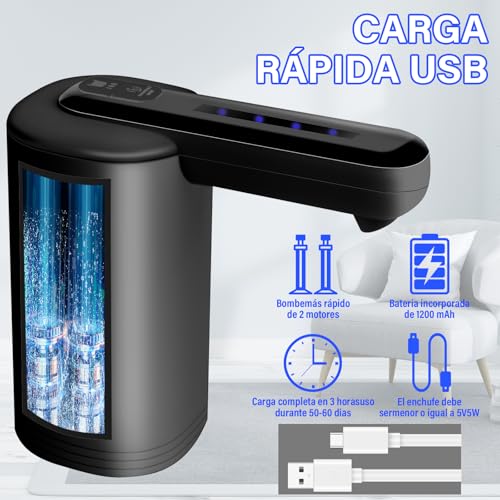 GALASALA Dispensador de Agua Garrafon, Portátil Despachador de Agua USB Recargable, Bomba de Agua Garrafon Automático, Universal Interruptor de Garrafon Dispensador Bombeo Rápido 2 Motores