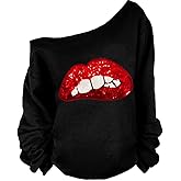 MAGICMK Woman’s Sweatershirt Lips Print Causal Blouse Off The Shoulder Long Sleeve Loose Slouchy Pullover Plus Size Tops