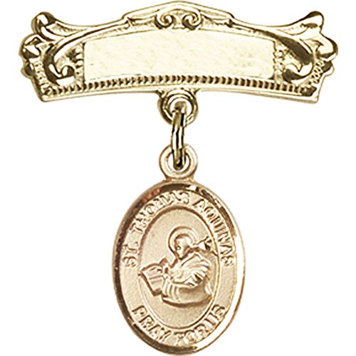 14kt Yellow Gold Baby Badge with St. Thomas Aquinas Charm and Arched Polished Badge Pin 7/8 X 3/4 inches