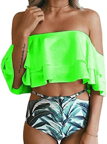 Tengweng Women Leaves Print Flouncing Off Shoulder Swimsuit High Waist Bikini Set XXL CUTQ06