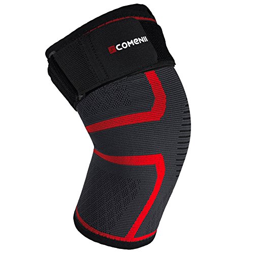 Compression Knee Brace Sleeve â€“ COMENII Athletics Support for Jogging, Running, Hiking and Sports, Joint Pain Relief, Arthritis and Injury Recovery with Adjustable Strapâ€“ Single Wrap, Black&Red