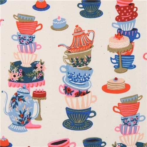 Colorful teapot cup light beige fabric by Cotton and Steel (per 0.5 yard units)