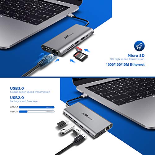 USB C Hub Laptop Docking Station - 12 in 1 Dongle with Triple 4K HDMI, PD Charging, Gigabit Ethernet, USB 3.0 Type C Port, 4USB Ports, SD/TF Card Reader Compatible for Macbook Pro More USB-C devices - Thumbnail 5