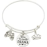 Born to Create Drama Bracelet Adjustable Silver Bangle with Comedy and Tragedy Masks and Crown Charms Theater Drama Gift Handmade Jewelry for Women Teens