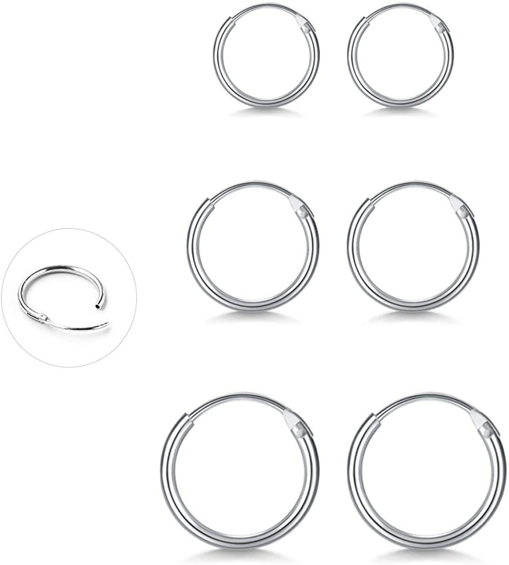 Gulicx 3 Pairs Silver Small Hoop Earrings Set for Women Men Girls, Hypoallergenic 925 Sterling Silver Unisex Cartilage Sleeper Hoop Earrings, Tragus Earrings Nose Lip Rings(10mm/12mm/14mm)