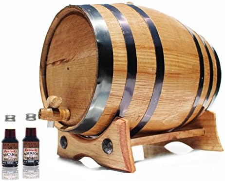 ALCOHOL ESSENCE | Golden Oak Barrel - Black Steel | 30-Page Aging Guide | Paper Funnel | No Leaks Guarantee (5 Liter, Kent Bourbon)