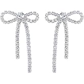 Silver Bow Earrings for Women Sparkle Rhinestone Long Tassel Earrings Ribbon Bow Drop Earring Silver Bowknot Dangle Earrings Cute Sparkly Jewelry