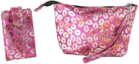 LipStick Carrying Case Combo, 1 Mirrored Pouch that holds 4 Lipsticks and 1 Zippered Wristlet with Elastic that holds 16 fits LipSense, Younique, NuSkin (Magenta with Gold Lips Flip & Wristlet)