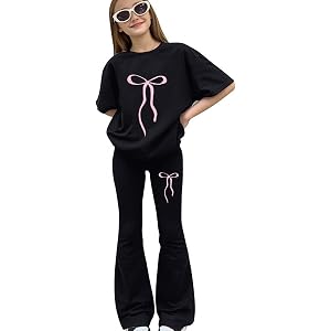 Girls 2 Piece Outfits Kids Bow Print Short Sleeve Top Long Flare Pants Bell Bottoms Set Summer Athletic School Clothes