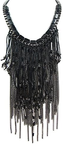 Fashion Fabric Beads Resing Links Tassel Fringe Statement Necklace Black Tone