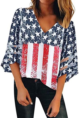 Fiaya 4th of July Women Sweatshirt Blouse American Flag Patriotic Button Off Shoulder Mesh Sleeve T-Shirt Tank Tops (M, Red V Neck)