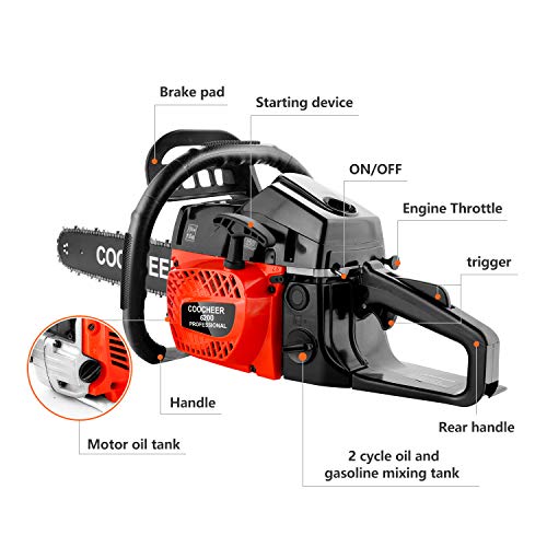 COOCHEER 62cc Gas Powered Chainsaw, Full Crank 2 Cycle Gas Powered Chainsaw with 20Inch Bar