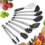 Cooking Utensils, Kitchen Utensil Set Nonstick Silicone Kitchen Utensils Spatulas For Pans Essential Kitchen Tool Include Serving Spoon, Tongs, Spatula Tools, Pasta Server, Ladle, Strainer, Whisk 8PCS