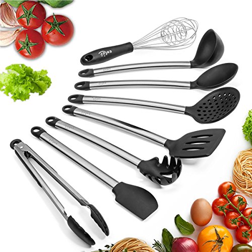 Cooking Utensils, Kitchen Utensil Set Nonstick Silicone Kitchen Utensils Spatulas For Pans Essential Kitchen Tool Include Serving Spoon, Tongs, Spatula Tools, Pasta Server, Ladle, Strainer, Whisk 8PCS
