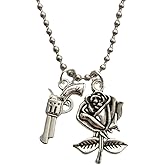 Cool Gun Necklace, Rose Flower Charm Pendant, Stainless Steel Ball Chain Long Necklace for Man Woman, Couple Jewelry