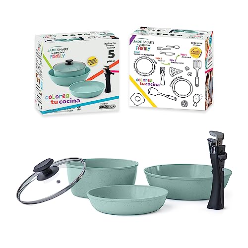 JadeCook Batería de Cocina Antiadherente 5 Piezas con Mango Removible Jade Smart, Sartenes y Cacerola Apilables, Apta para Gas y Eléctrica