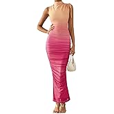 PRETTYGARDEN Women's Summer Maxi Floral Dresses Ruched Bodycon Sleeveless Mesh Formal Wedding Guest Cocktail Split Long Dress