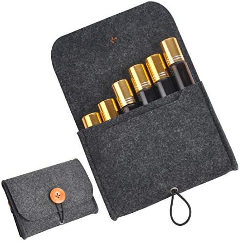 Lermende Essential Oils Roller Bottles 10 ml Glass Roll-on Bottles with Essential Oils Bag Stainless Steel Roller Balls & Free Roller Bottle Opener (Amber bottle set with Dark Grey Bag)