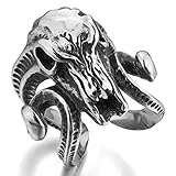 Men's Large Stainless Steel Ring Silver Black Goat Horn Skull Gothic