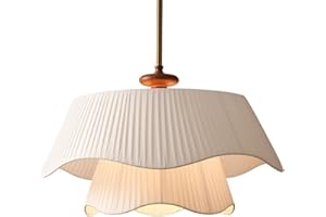 Modern Pleated Pendant Light Mid Century Chandelier Scalloped Hanging Lamp White Wood Fabric Ceiling Fixture for Dining Room 