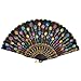 Mychampion Colored Woman Embroidered Flower Pattern Black Cloth Folding Hand Fan