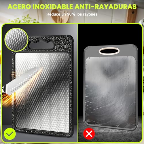 2PCS Tabla para Picar de Doble(Acero Inoxidable+PP)–36.5×25CM,Titanium Cutting Board,Tabla de Cortar Cocina para Carne,Frutas,Verduras,Colgable,Lavavajillas,Duradera y Anticorrosiva