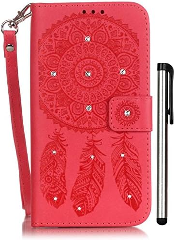 Samsung Galaxy S7 Girly Case Leather Stand Red Wallet Full Body Magnet Book Cover Cell Phone Accessories with Bling Crystal 3 Credit Card Holder 1 Cash Slot Wrist Strap Handmade Embossed Wind Chimes