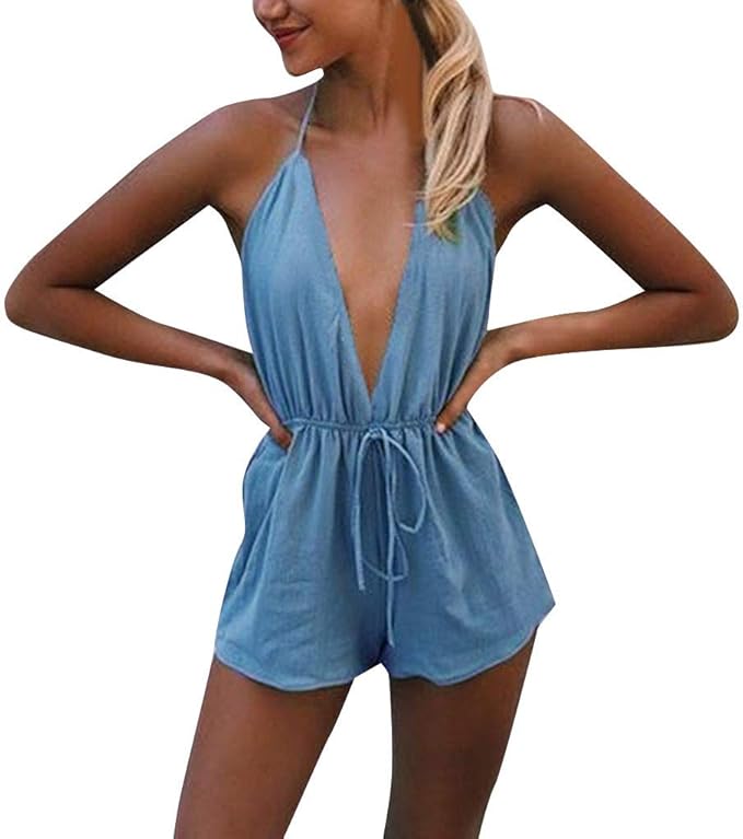 MORETIME Strandkleid Kurz Frauen Sommer Jumpsuit äRmelloses V Ausschnitt Overall Damen Bikini