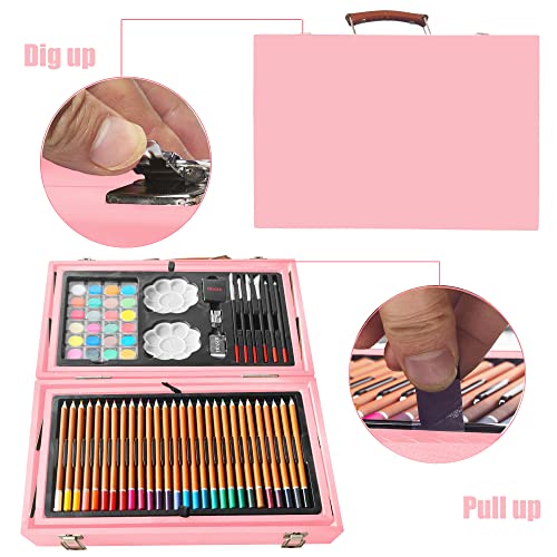 KINSPORY 139 Pack Art Kits, 2 Sketch Books, Deluxe Art Set Crafts, Watercolor Pens, Colored Pencils, Oil Pastels, Paints, Painting Drawing Coloring Gift for Artists Kids Girls (Rose Pink)