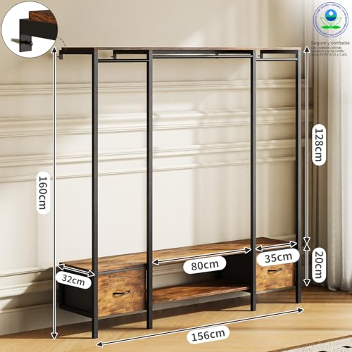 Simple Wisdom Perchero para Ropa, Closet Armables para Ropa, Closet de Madera, Montado en la Pared, Organizador de Ropa con Dos Cajones de Tela, Tamaño: 156 * 32 * 160 CM, Color Retro
