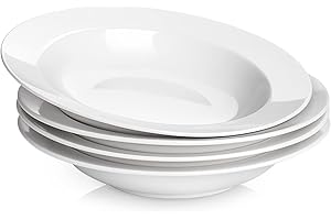 Y YHY 20 Ounces Porcelain Pasta, Soup, Salad Bowls, 9.5 Inches Wide Rim Bowl Set, White, Set of 4