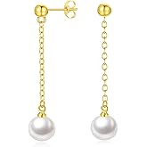 14K Gold Freshwater Pearl Drop Earrings for Women Dainty Dangle Long White Cultured Pearl Bridal Wedding Jewelry Hypoallergenic Elegant Statement Earrings