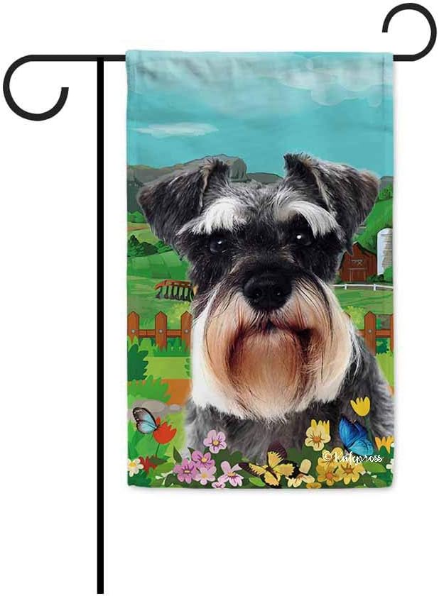 BAGEYOU Welcome Spring Summer Schnauzer in The Flowers Decorative Garden Flag Cute Dog Puppy Butterflies Farm Country Village Home Decor Banner for Outside 12.5X18 Inch Print Double Sided