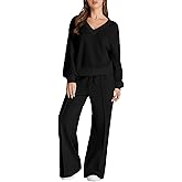 Herseas Women 2 Piece Outfits Sweatsuit 2025 Fall Casual V Neck Sweatshirt with Wide Leg Sweatpants Tracksuit Lounge Set