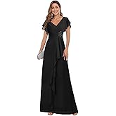 GUKARLEED Women’s Ruffles Mother of The Bride Dresses Long V Neck Lace Appliques Formal Dress for Wedding Guest with Sleeves