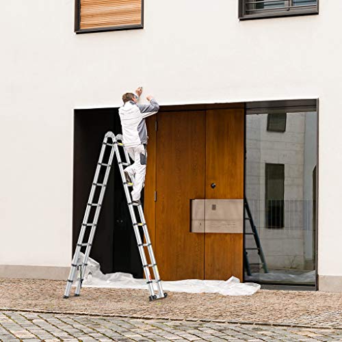 Finether 16.4ft Aluminum Telescoping Extension Ladder Portable Multi-Purpose Folding A-Frame Ladder with Hinges, 330lb Load Capacity for Home Loft Office,EN131 Certified