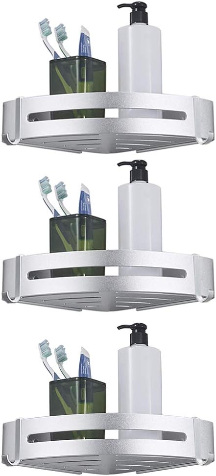 BESy Shower Corner Caddy Bathroom Shower Corner Shelf with Two Hooks, Self Adhesive with Glue or Wall Mount with Screws,Heavy Duty Aluminum 3 Tier Storage Shelves Triangle Baskets,Dull Polished Silver: Home Improvement