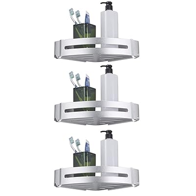 BESy Shower Corner Caddy with Two Hooks, 3-Tier Aluminum Storage Shelf