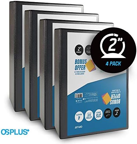 OS Plus O-Ring Simple Binder, 2 Inch - Black, 4 Pack. Bonus 1 Set Divider Included