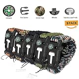 Paracord Survival Bracelet, Pooning With Flint Fire Starter Scraper, Compass，Whistle for Hiking Camping Emergency ,5 in 1 Climbing Kit (5pcs)