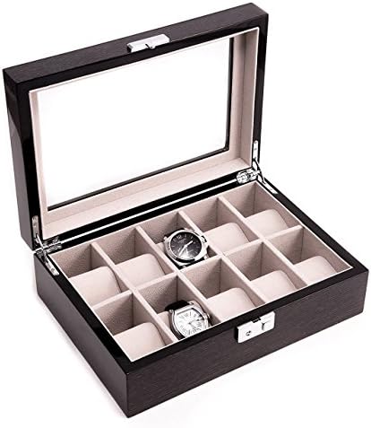 GZNIGHT Watch Box Large 12 Slot Mens Women Black Leather Display Storage Glass Top Jewelry Case Organizer