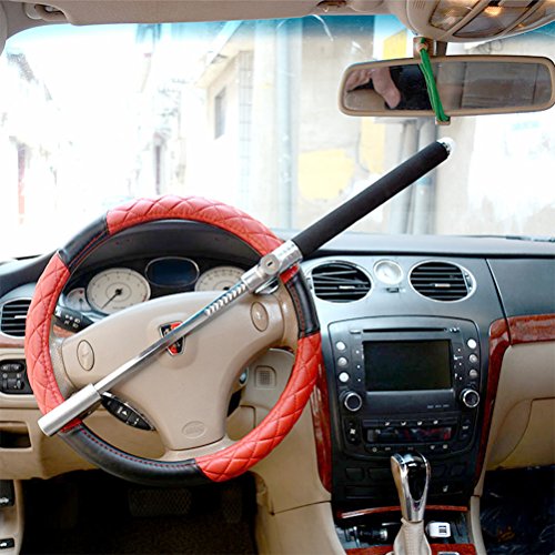 QLOUNI Car Steering Wheel Lock Adjustable Universal Vehicle Locking Devices Heavy Duty Self-defense Weapon Escape Hammer (with 3 Keys, End Cap, Velcro) - Thumbnail 6