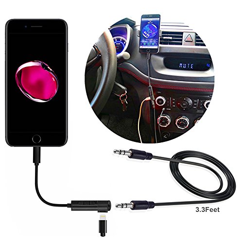 TELE-T 2 in 1 AUX Headphone Jack and Charge Adapter Lightning Audio Splitter 3.3FT 3.5mm Cable Compatible iOS 11 for iPhone 7 7Plus with Volume+/-Control, Does Not Support Calls - Black