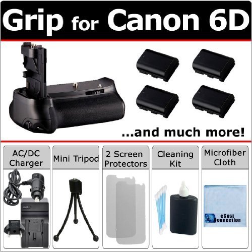 Multi Power Vertical EOS 6D Multi Purpose Battery Grip for Canon EOS 6D DSLR Camera + 4 LP-E6 Long Life Batteries + AC/DC Turbo Charger w/ Travel Adapter + Complete Deluxe Starter Kit (BG-E13 BGE13)