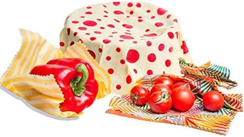 Beeswax Organic Food Wraps, Pack of 3 Wraps – Sustainable & Eco Friendly, Plastic Free | Non-Toxic, Reusable, Biodegradable, Preserve Food Fresh, Facilitate Storage, Minimize Waste (Pack of 3)