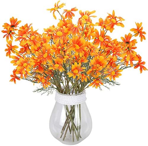 RERXN Artificial Silk Daisy Flowers,Fake Gerbera Flowers,Long Stem Fake Foliage Greenery Faux Plants Shrubs Plastic Bushes for Window Box Home Wedding Office Decor,Pack of 5(Orange)