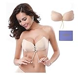 Self Adhesive Bra, Silicone Push Up Strapless Bras, Backless Reusable Invisible Drawstring Bra by Comfy Vicky (C Cup, Beige)