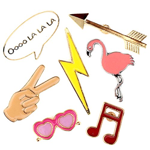 Cartoon Brooch Pins Animal Flamingo Cat Enamel Pin Set Rose Lapel Pins Badge for Women and Men (Love Music Noted Hand set of 8)