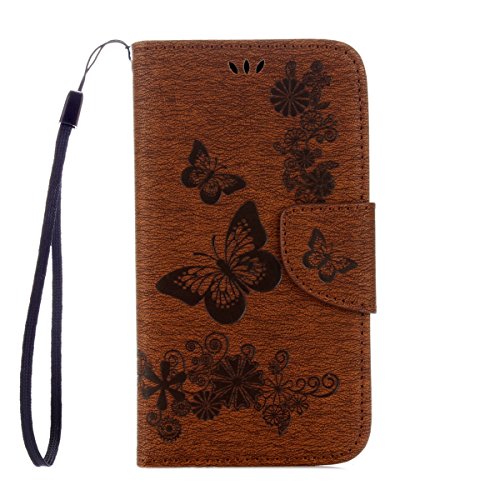 IKASEFU Retro Leather Flower Butterfly Wallet Case Cover Starp Flip Case with Strap and Card Holder for Samsung Galaxy S4 Mini-Brown,Butterfly