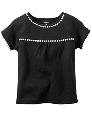 Girl Short Sleeve PomPom Trim Top; Black (9 Months)